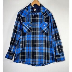 Karman Western Shirt Mens Blue Plaid Pearl Snap Long Sleeve Flannel Cowboy Work